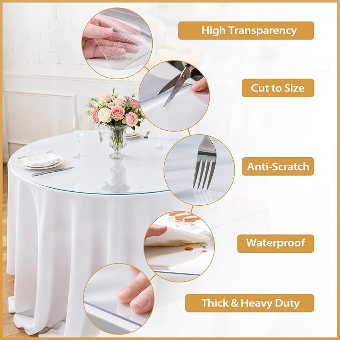 48in Round Frosted PVC Table Protector 2mm Waterproof Pad | Clear Desk Cover, Clear Desk Mat, Table Cover Tablecloth Protector Rectangle, Table Protector for Dining Room Table