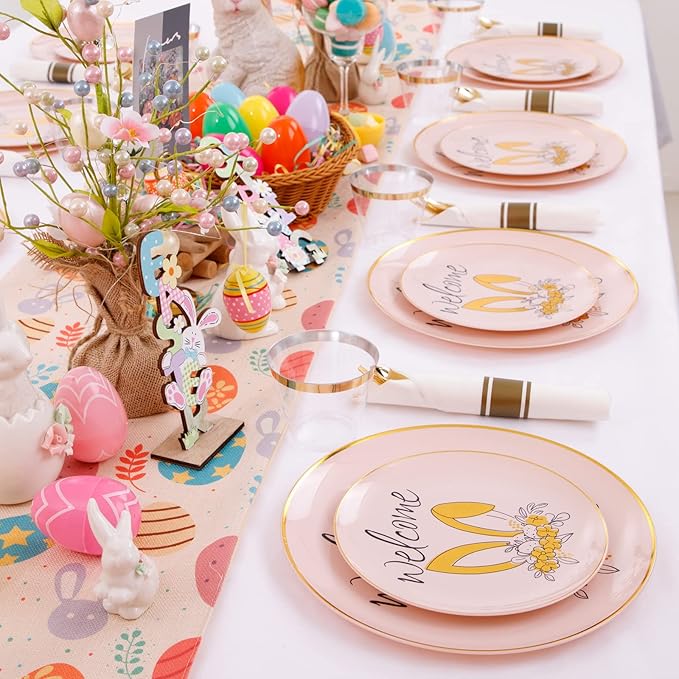 DaYammi 210Pcs Easter Plastic Plates,Pink Gold Party Plates with Bunny Egg Design Include 30 Dinner Plates,30 Dessert Plates,30 Pre Rolled Napkins with Gold Silverware,30 Plastic Cups for Easter Party