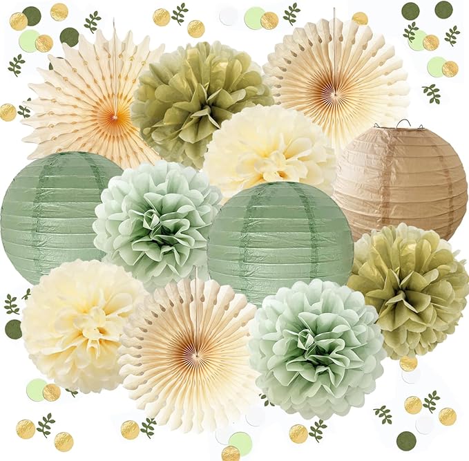 Sage Green Party Decorations Sage Gold Cream Tissue Paper Pom Poms Paper Lanterns Sage Green Confetti Dots Scatter Table Decoration for Baby Shower Birthday Wedding Engagement Party Decorations