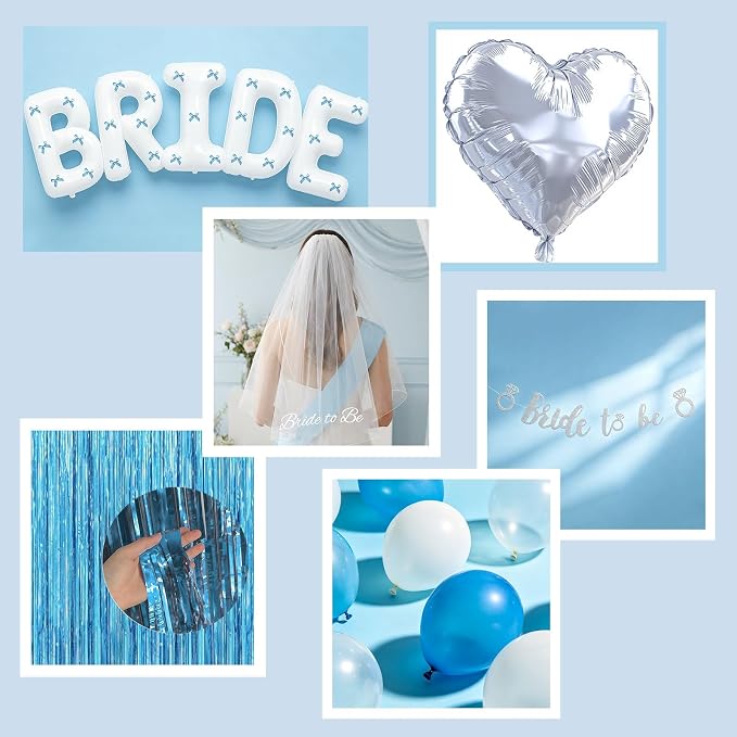 Bachelorette Party Decorations, Light Blue Bridal Shower Decor Set with 40" Bride Balloons, White Sash, Veil, Foil Curtains, Banner & 30pcs Blue Butterflies for Beach Coast Lake Party