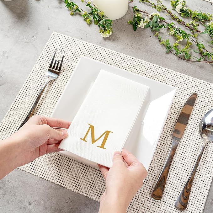 Luxenap 15.8 X 7.9 Inch Linen-Feel Guest Towels, 50 Lettered Hand Towels - Gold Letter 'M', Sans Serif Font, White Paper Dinner Napkins, airlaid, For Restrooms And Tables