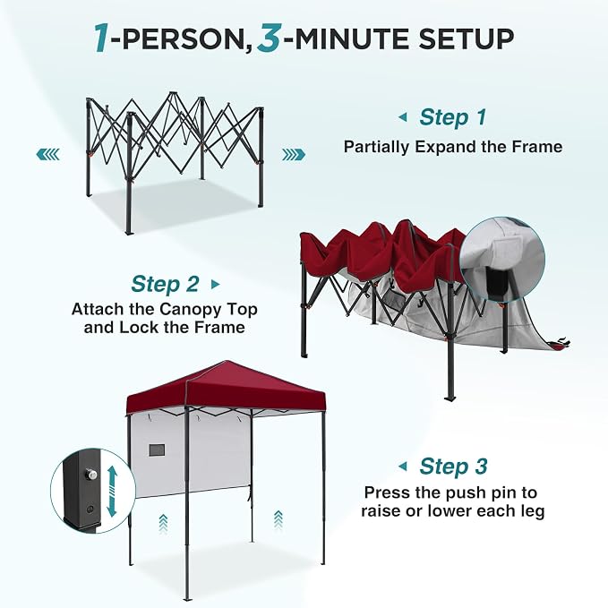 EAGLE PEAK 6x4 Instant Pop Up Canopy Tent with 1 Half Wall Panel, Straight Leg Sun Shelter, Portable Canopy with Carry Bag for Camping, Beach & Sports, Burgundy
