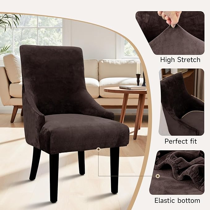 Velvet Wingback Dining Chair Cover Soft Stretch Accent Chair Cover Slipcover Thick Plush Wing Back Chairs Covers Furniture Protect Washable Chairs Protector Covers for Dining Room (Dark Brown, 2)
