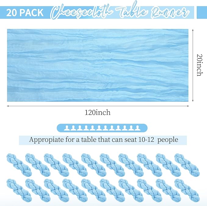 20 Pack Light Blue Table Runner 10Ft Cheesecloth Table Runner Boho Gauze Table Runner Long Cheese Cloth Table Runner Romantic Sheer Fabric Table Runners for Wedding Party Bridal Shower