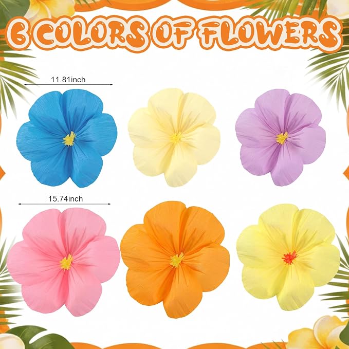Giegxin 6 Pcs 12'', 16'' Large Hawaiian Hibiscus Paper Flowers Decorations for Wall Summer Luau Tissue Flowers Classroom Wedding Tropical Crepe Floral for Bridal Shower Mexican Fiesta Summer Birthday