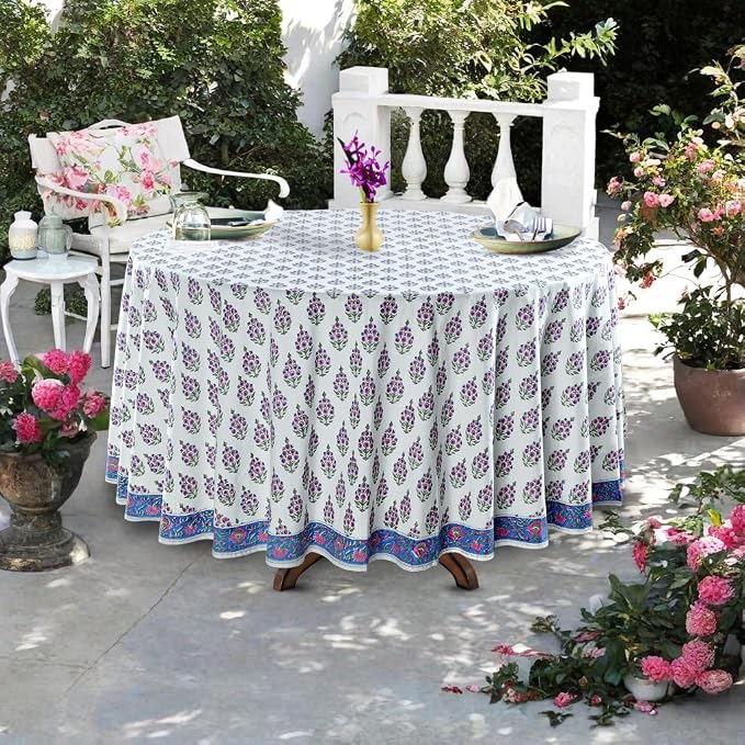 Ridhi Round Tablecloth Hand Block Print 100% Cotton Reusable Ruddy Blue 132 Inch Table Cover Decorative Everyday Use for Dining, Home, Party, Wedding, Farmhouse, Party Gift for Spring, Mother's Day