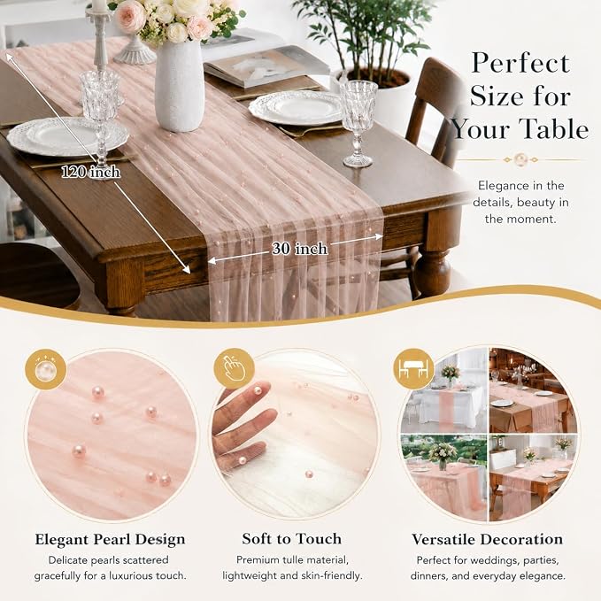 Pearl Pink Gauze Pearl Table Runner 120 Inch 10FT, Seasonal Sheer Dining Holiday Wedding Birthday Baby Shower Tulle Summer Table Decor for Home Party