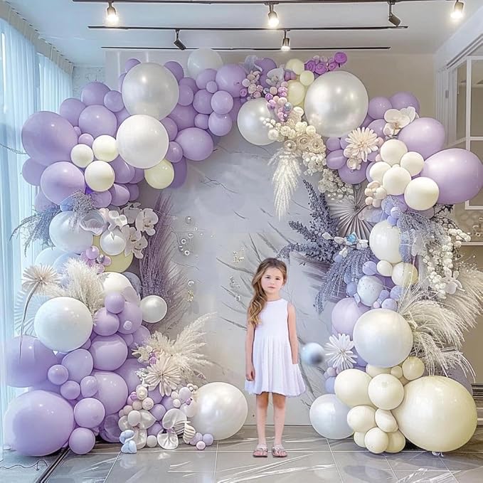 Pastel Purple White Balloon Garland - Double Stuffed Lavender Light Purple Cream Balloon Arch Kit Pearl Lilac White Ivory Color for Birthday Baby Shower Bridal Wedding Butterfly Fairy Party Decor