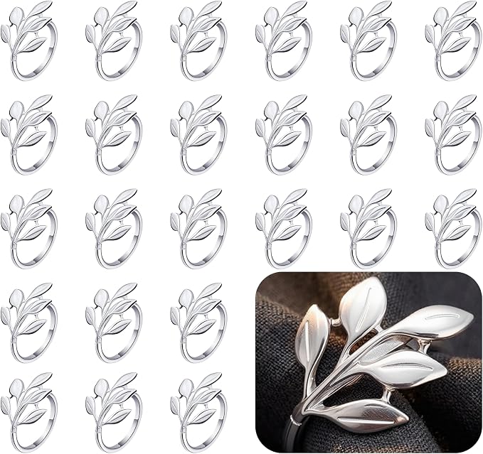 Set of 100 Leaf Napkin Rings Metal Silver Leaf Napkin Ring, Napkin Rings Bulk Dinner Banquet Serviette Decor, Dining Table Setting for Thanksgiving Christmas Halloween Holiday Wedding Party