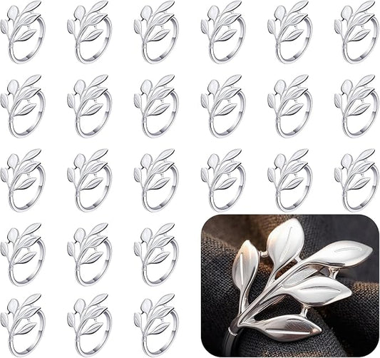 Set of 100 Leaf Napkin Rings Metal Silver Leaf Napkin Ring, Napkin Rings Bulk Dinner Banquet Serviette Decor, Dining Table Setting for Thanksgiving Christmas Halloween Holiday Wedding Party