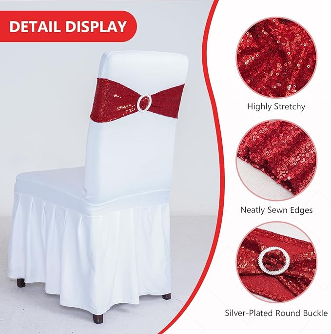 SquarePie Pack of 10 Sequin Chair Sashes Bands Glitter Red Double-Sided Sequins Stretch Chair Cover Bows with Buckle Slider for Wedding Party Fiesta Banquet Decor