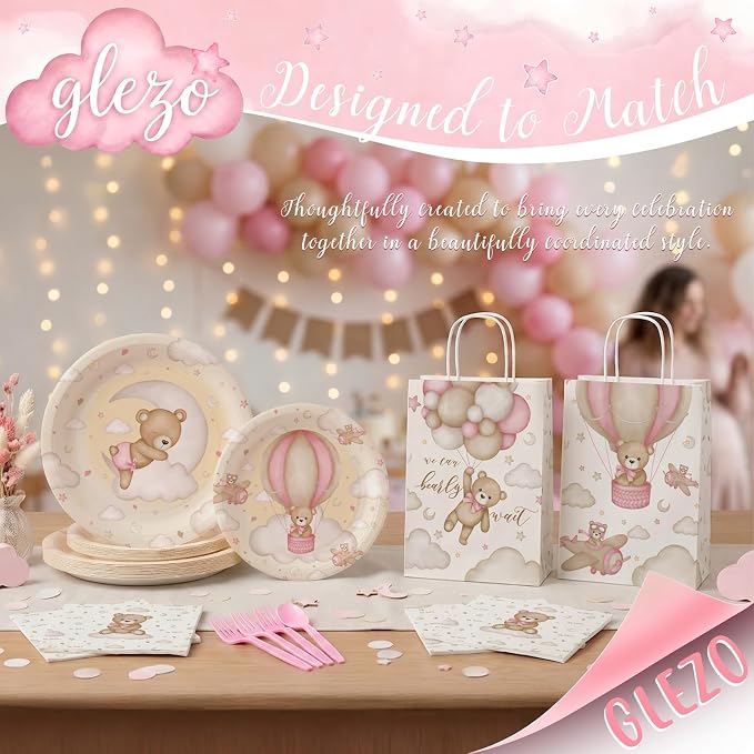 Teddy Bear Baby Shower Plates and Napkins Set for Girl – We Can Bearly Wait Baby Shower Decorations – Serves 20, Paper Plates, Napkins – Bear Party Supplies Decorations Tableware for Birthday