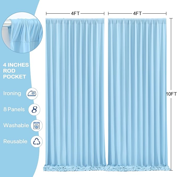 8 Panels Baby Blue Backdrop Curtains - Wrinkle Free Fabric Backdrop Curtain for Photoshoot, 10FT Wedding Party Photo Backdrop Drapes for Birthday Baby Shower Photography Stage Background Decorations