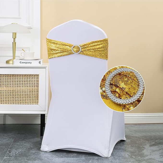 Gold Sequin Chair Sashes 50 Pack Glitter Chairs Bows Bands for Wedding Party Brithday Bridal Shower Engagement Fiestas Events Decorations, Glitter Gold Chair Sash