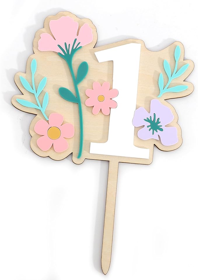 Wooden Wildflower Cake Topper - Wildflower First/1st Birthday Party Decorations,Flower 1st Cake Topper,Girl First Birthday Party Decorations (Flower-1)