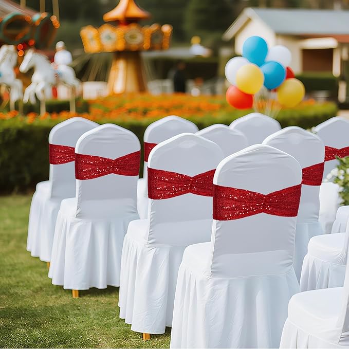 Poise3EHome Red Sequin Chair Sashes Folding Chair Covers Bow for Wedding Party Reception Decorations, 50 PCS