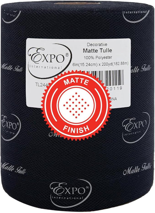 Expo International Decorative Matte Tulle, Roll/Spool of 6” X 200 Yards, Lightweight Polyester Tulle Fabric for Tutus, Costumes, and Party Decorations, Washable, Easy-to-Use, Black