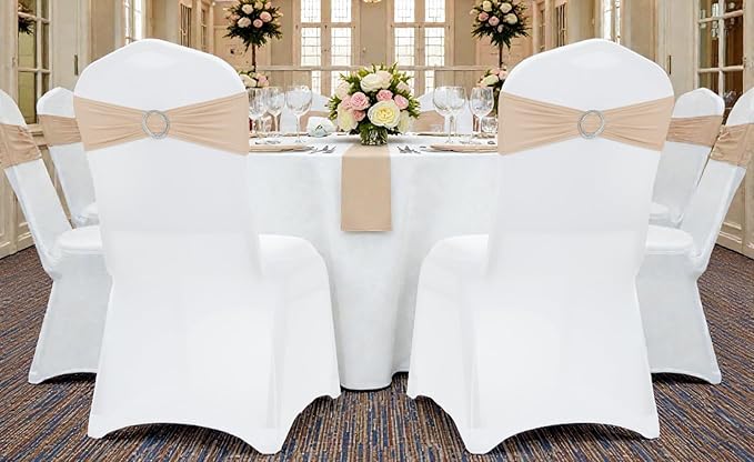 VDS - Champagne | Spandex Chair Sashes Bows | 300 PCS | Stretch Elastic Banquet Universal Folding Chair Band Tie with Silver Buckle Slider for Wedding Party Conference Celebration Event Decoration