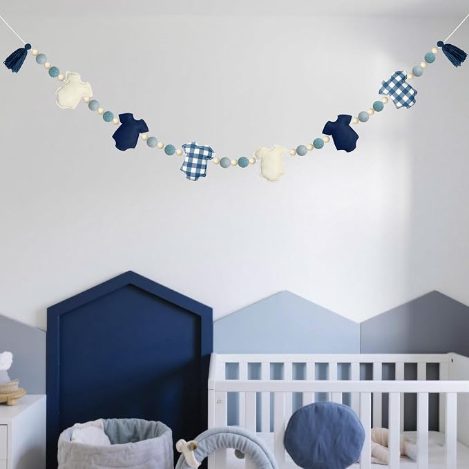 Dusty Blue Plaid Baby Clothes Decorations Pre-Strung Handmade Felt Baby Clothes Wooden Bead Wool Felt Ball Banner Garland for Sweet Baby Boy It's a Boy Baby Shower Party Nursery Fireplace Home Decor
