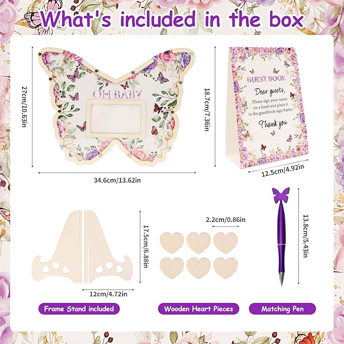 Butterfly Baby Shower Decorations,Purple A Little Butterfly Is On Her Way Baby Shower Guest Book Alternatives with Pen,Photo Frame and 60 Heart Wood Slices for 60 Guests,Gender Reveal Decorations
