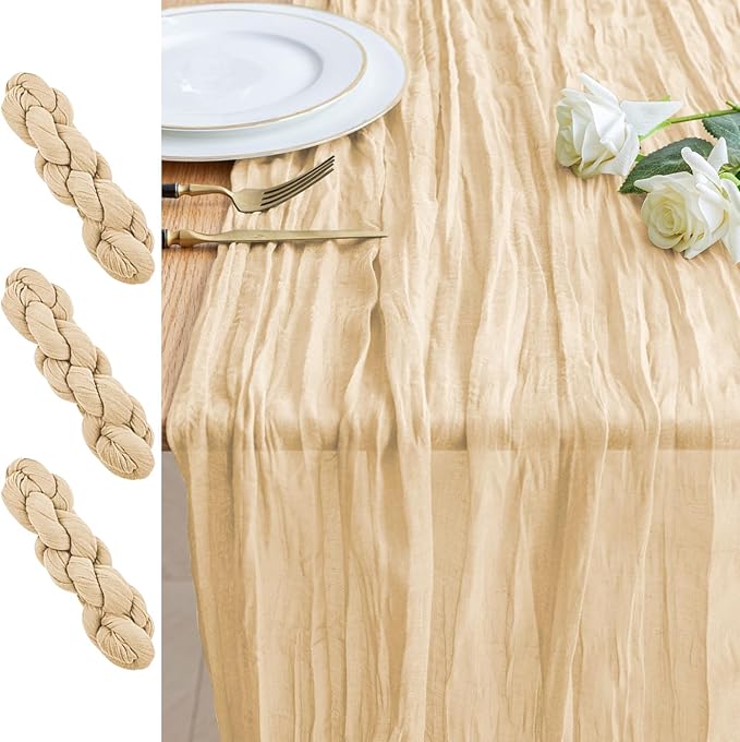 3PCS Table Runner Cheesecloth 10FT Sand Boho Gauze Cheese Cloth Rustic Sheer Table Runners for Wedding Bridal Baby Shower Party Decoration