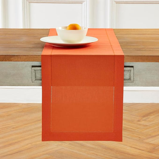 Solino Home Cotton Linen Table Runner 108 Inches Long - Hemstitch Burnt Orange Dining Table Runner 14 x 108 Inch - Handcrafted and Machine Washable