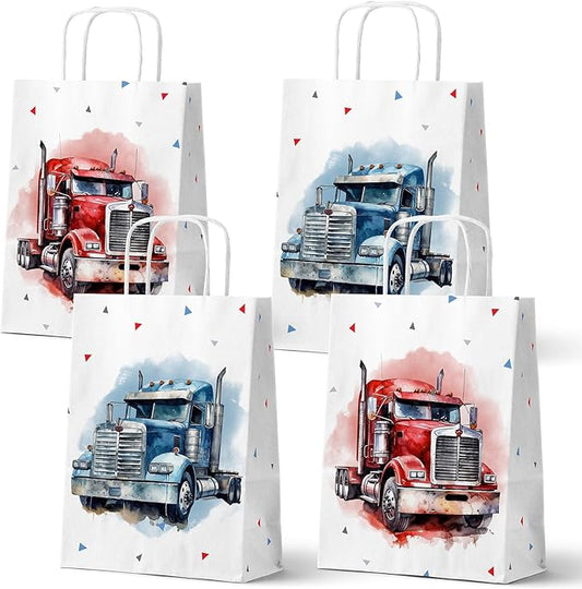 HaPiBiDesign Semi Truck Party Favor Bags, 24 Pack Semi Truck Goodie Bags with Handles, Semi Truck Gift Bags, Truck Treat Bags for Kids Birthday Party, Semi Truck Theme Party Supplies