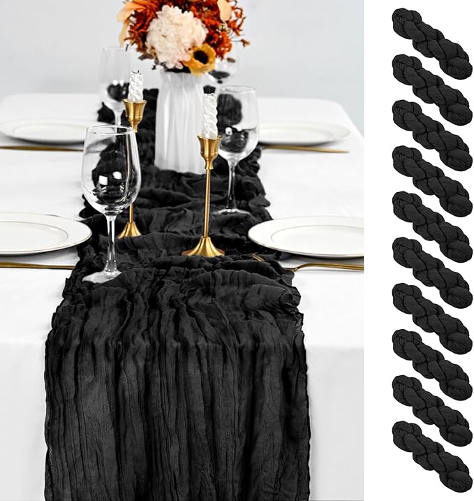 10 Pack Black Table Runner 10Ft Cheesecloth Table Runner Boho Gauze Table Runners Romantic Long Sheer Fabric Cheese Cloth Table Runners for Wedding Party Bridal Shower(Black)