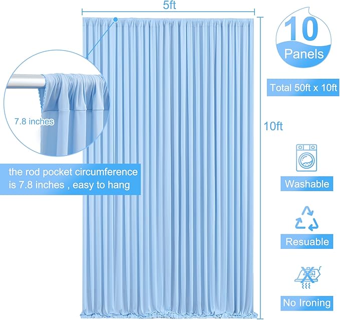 10 Panels Baby Blue Backdrop Curtain for Baby Shower Parties Light Blue Wrinkle Free 50ft x 10ft Backdrop Drapes for Birthday Photo Gender Reveal Photography Polyester Fabric Background Decoration