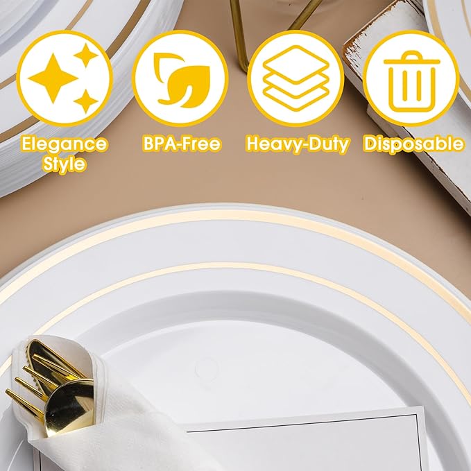 175 PCS White and Gold Plastic Dinnerware Set for 25 Guests, Disposable Party Plates for 25 Guests, Include: 50 Plastic Plates, 25 Pre Rolled Napkins with Gold Silverware, 25 Cups