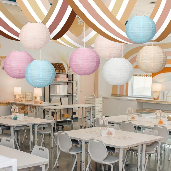 11 Pcs Boho Classroom Ceiling Decor Include 12 x 2 ft Fluorescent Light Covers 8 Packs Pastel Paper Lanterns Props DIY Hanging Ornament for Classroom Daycare Nursery Party Decorations