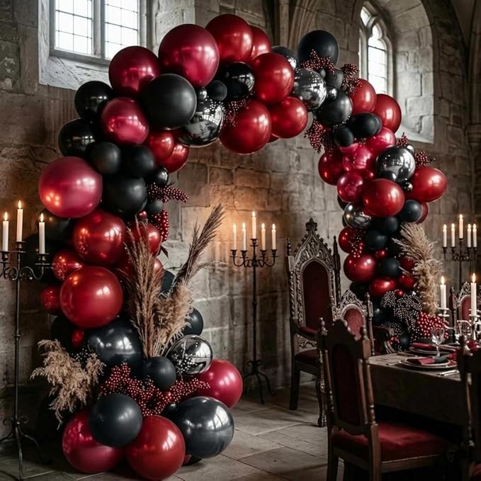 Black Red Balloons Thick Double Stuffed Black Burgundy Balloon Garland Arch Kit for Gothic Vampire Till Death Do Us Rip To Twenties Halloween Birthday Party Decorations