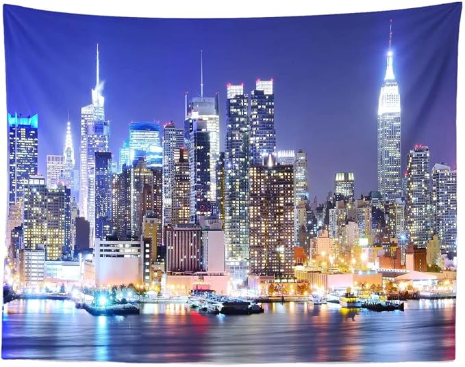 BELECO 15x10ft Fabric New York City Backdrop Manhattan Skyscraper Night View Urban Light Skyline Background City Theme Backdrop New York Party Decorations Artistic Portrait Shoot Photo Studio Props