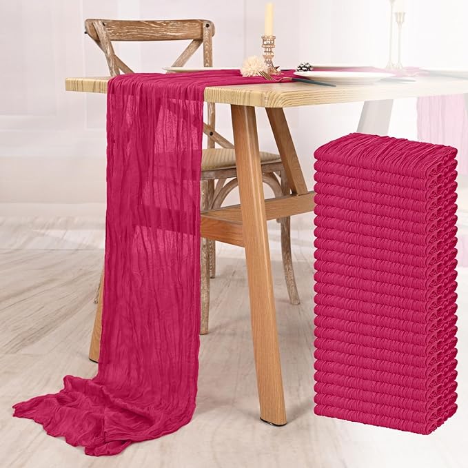 24 Pack Hot Pink Cheesecloth Table Runner 10FT Boho Gauze Cheese Cloth Table Runner Rustic Sheer Fabric Table Runners for Wedding Bridal Shower Baby Shower Party(21.5×120 Inch)