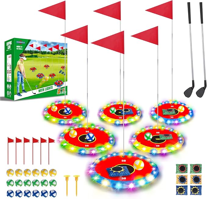 TERRAMUS Glow in the Dark Golf & Toss Game, 2 in 1 LED Target Set with 2 Clubs, 18 Balls, 6 Bean Bags, Outdoor Indoor Backyard Toy for Kids Ages 4 5 6 7 8, Birthday Gifts for Boys Girls