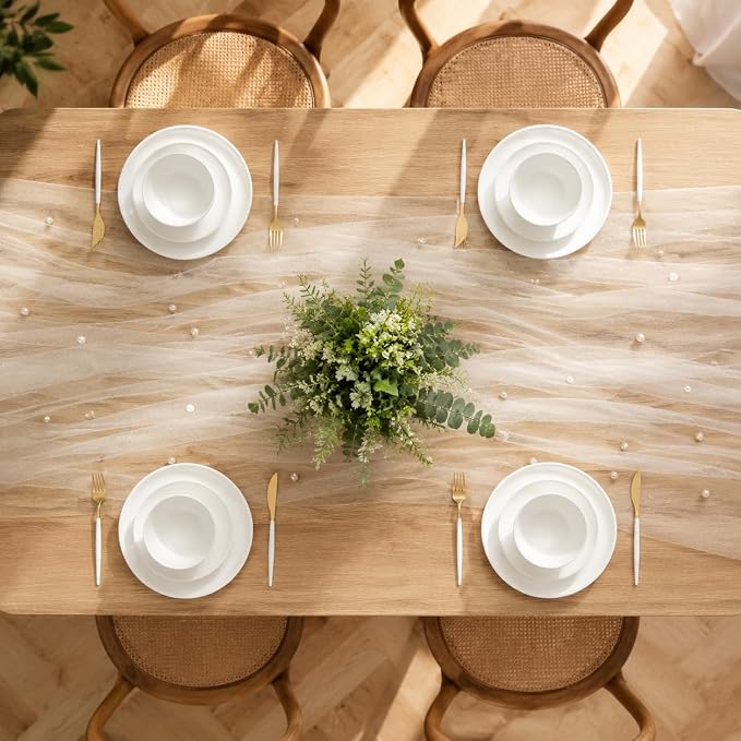 Pearl Beige Gauze Pearl Table Runner 120 Inch 10FT, Seasonal Sheer Dining Holiday Wedding Birthday Baby Shower Tulle Summer Table Decor for Home Party