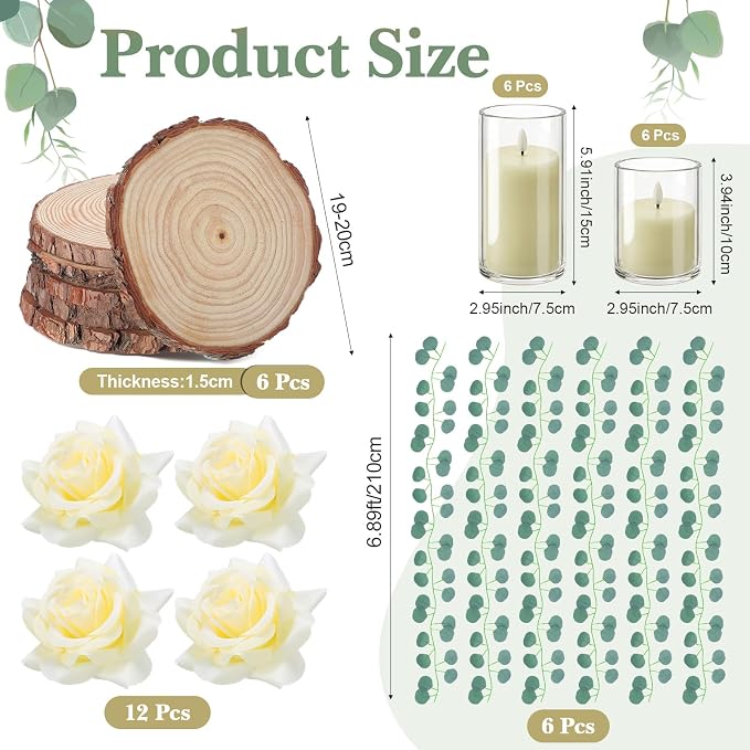 VIHOSE 36 Pcs Wooden Wedding Candle Centerpiece Includes 7.1"-7.9" Round Wood Slices, Eucalyptus Garlands, Flameless LED Candles and Artificial Roses for Wedding Country Farmhouse Table Decor, 6 Sets