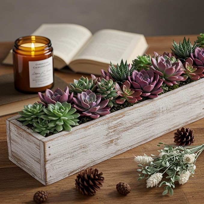 Dandat 1 Set Wood Boxes for Centerpieces 16x4 Inch Rectangle Wooden Planter Box Rustic Wooden Planters with Removable Plastic Liner Floral Foam Blocks for Christmas Wedding Home Garden Decor(White)