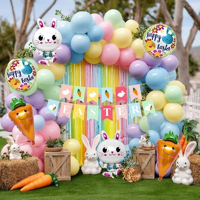 Pastel Balloons Arch Kit Double Stuffed Ma'ca'ron Balloons with Bunny, Carrot & Egg Foil Balloon Easter Banner and Colorful Fringe Curtain for Birthday Baby Shower Spring Pastel Party Decoration