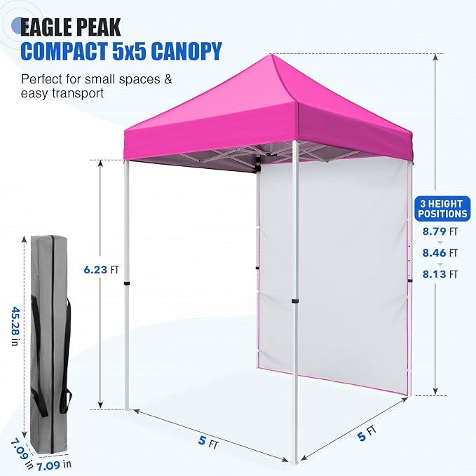 EAGLE PEAK Pop up Canopy 5x5, Outdoor Portable Canopy Tent with One Removable Sunwall, Carry Bag Included, Pink