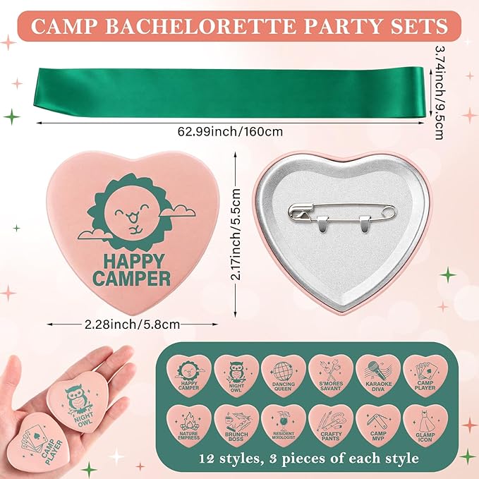 Tondiamo 36 Pcs Camp Bachelorette Party Badges with 12 Pcs Sashes Camping Bachelorette Decorations Buttons Pins for Bridal Showers Accessories Wedding Bachelor Party Favors DIY Costume Backpack Gifts