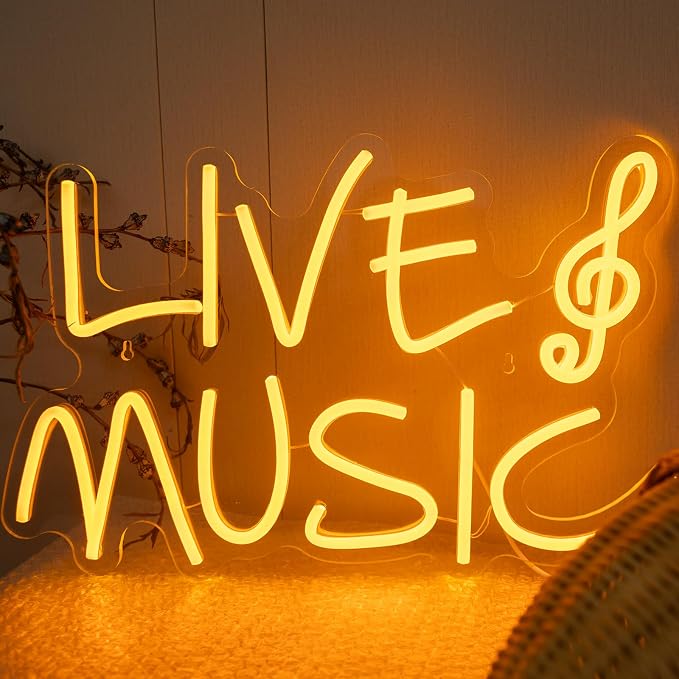 Live Music Neon Signs for Wall Decor, LED USB Powered Light Sign, Yellow Neon Light Up Letters Sign for Bedroom Music Studio Room Club Party Decor 16.93 x 11.02"