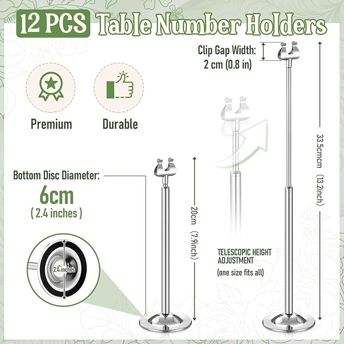 Kathfly Silver 12 Set Table Number Holders Adjustable Metal Place Card Holders Harp-clip Tabletop Sign Stands Detachable Card Holder for Weddings Birthday Restaurants Table Decor (7.9-13.2 Inch)