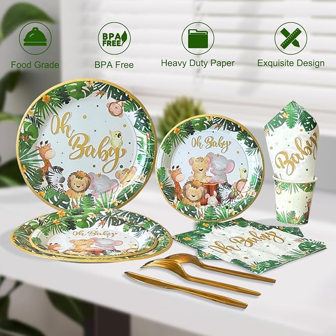 Safari Jungle Baby Shower Decorations for Boy Girl ,258 PCS Jungle Safari Animal Party Decorations Supplies (20 Guest) with Paper Plates Cups Napkins Tablecloth Backdrop Balloons Arch Kit
