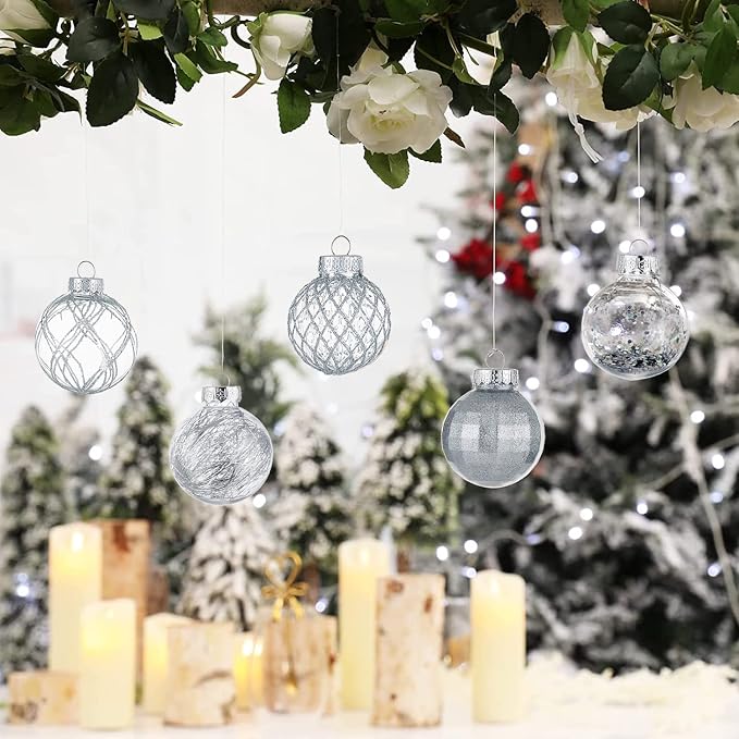CristBest 30ct Christmas Ball Ornaments-60mm/2.36" Shatterproof Clear Plastic Xmas Balls Baubles Set with Stuffed Delicate Sparkling, Hanging Christmas Tree Decorations(Silver)