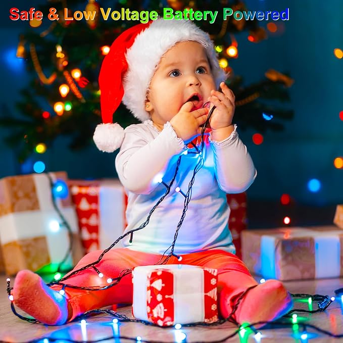 2 Pack Christmas Color Changing String Lights Battery 33 Ft 100 LED | Green Wire,Remote Control, Timer, 12 Lighting Modes,Waterproof,Fairy Lights for Bedroom Wreath Christmas Decor
