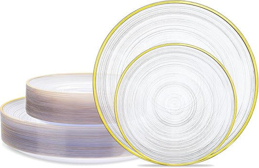 Morejoy 60Pcs Clear Plastic Plates,Clear Disposable Plates With Gold Rim,Heavy-duty Gold Plate, Modern swirl design Plate Include 30Clear Dessert-Platos,30Dinner-Platos for Party&Mother's Day