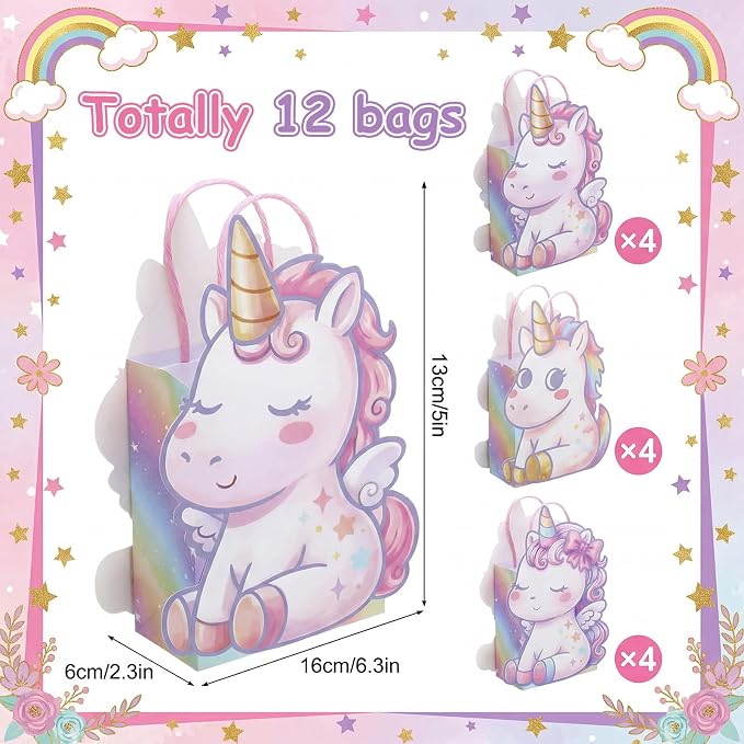 Tosstuki 12 Pcs Unicorn Birthday Party Favor Bags 3D Paper Cute Rainbow Horse Gift Treat Bags with Handle Kraft Paper Decorations for Unicorn Themed Party Candy Treats, Events Decorations & Supplies