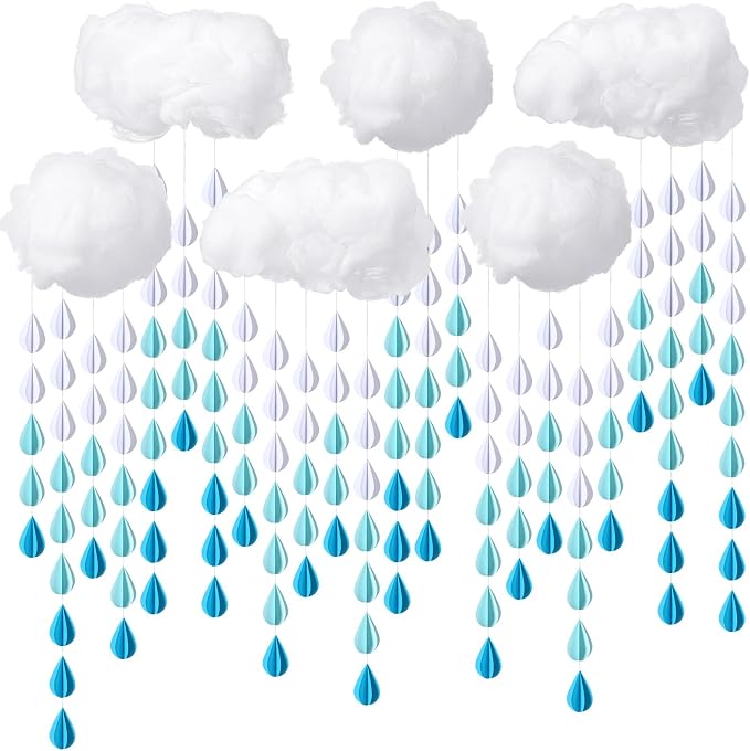 Amyhill 30 Pcs Artificial Cloud Raindrop Props 6 Pcs 3D Fake Clouds 24 Raindrop Garlands Room DIY Decorative Hanging Ornament Blue Hanging Rain Drops Decor for Baby Shower Birthday Wedding Party