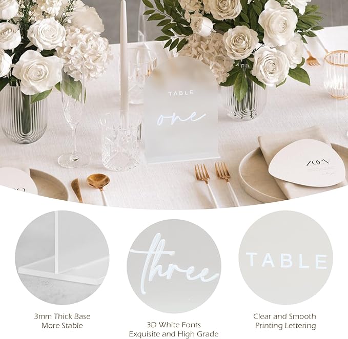 Frosted Arch Wedding Table Numbers 1-10 with Stands, 5x7 Inch Frosted Acrylic Arch Sign with Raised White Numbers, Acrylic Table Numbers for Wedding Reception